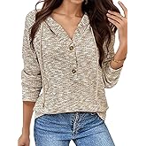 Flamingals Waffle Knit Tops for Women V Neck Long Sleeve Drawstring Button Fashion Casual Pullover Hoodies