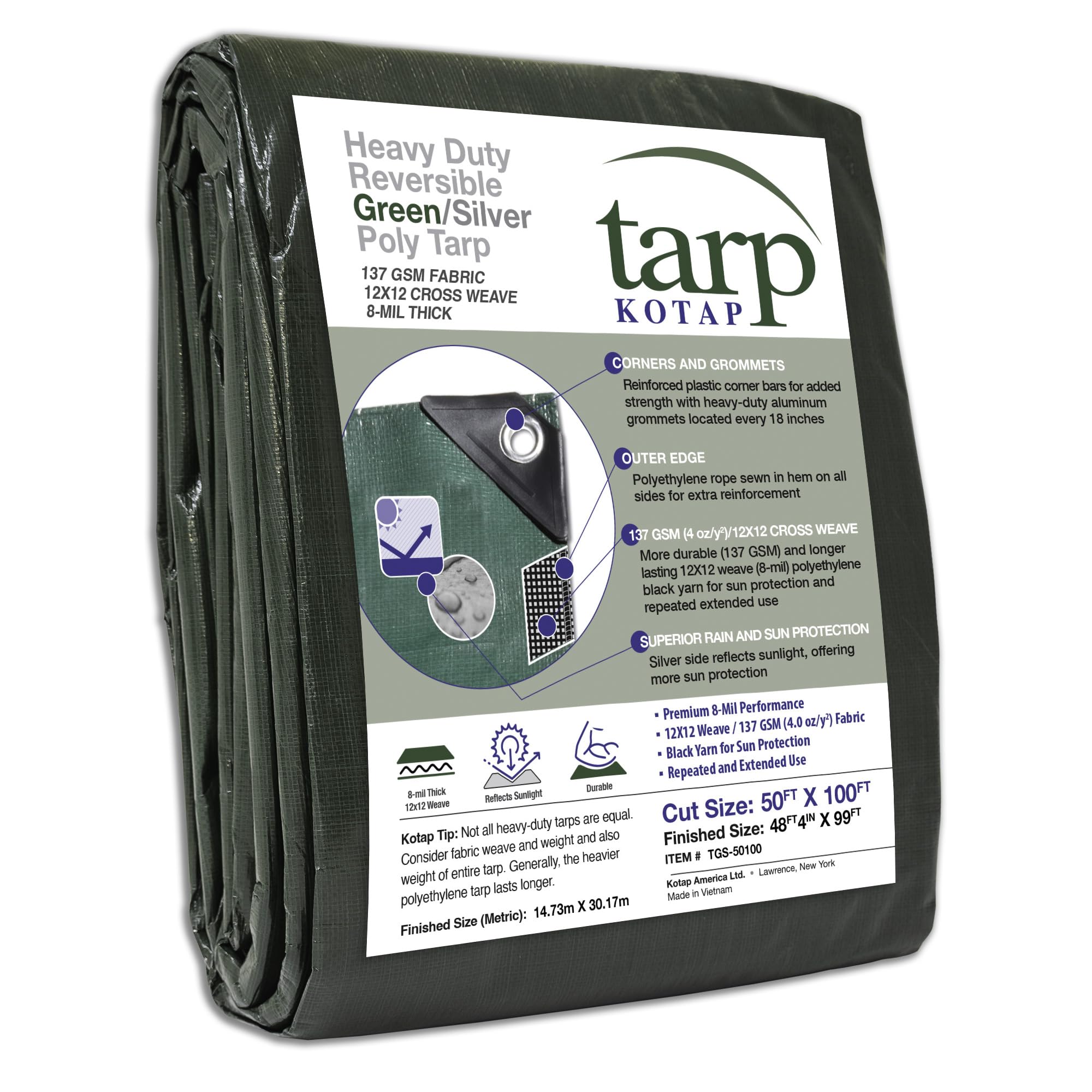 Kotap 50 x 100 Ft. Heavy-Duty Protection/Coverage Tarp, 8-mil, Reversible, Multi-Use, Waterproof, Green-Silver, (TGS-50100) Image