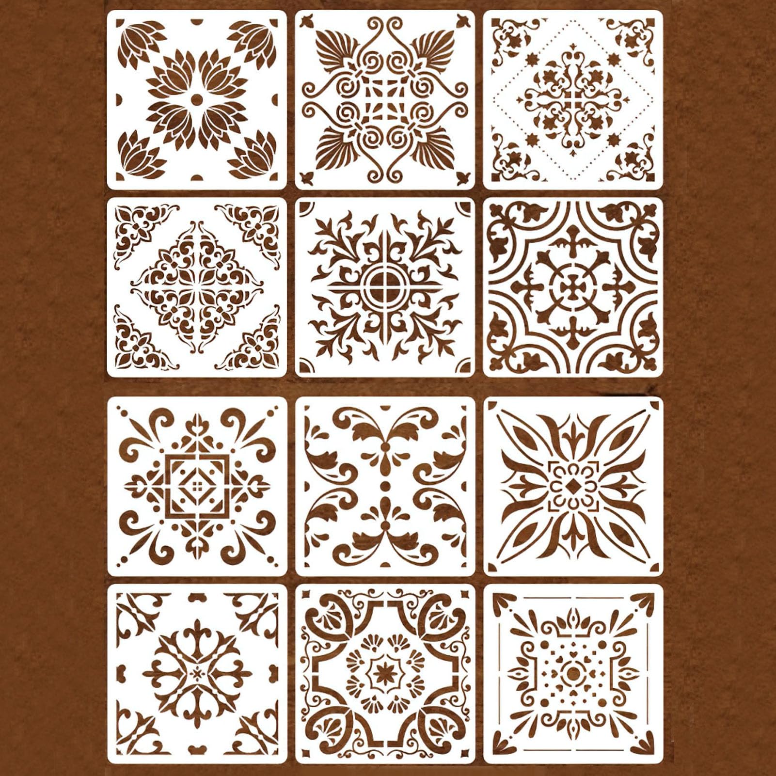 12Pcs Floor Tile Painting Stencils, Stencil for Crafts Wall Art, Plastic Reusable Stencils for Painting on Slabs Wall, Floor, Wood, Furniture, Home Decor, Patio 30x30cm