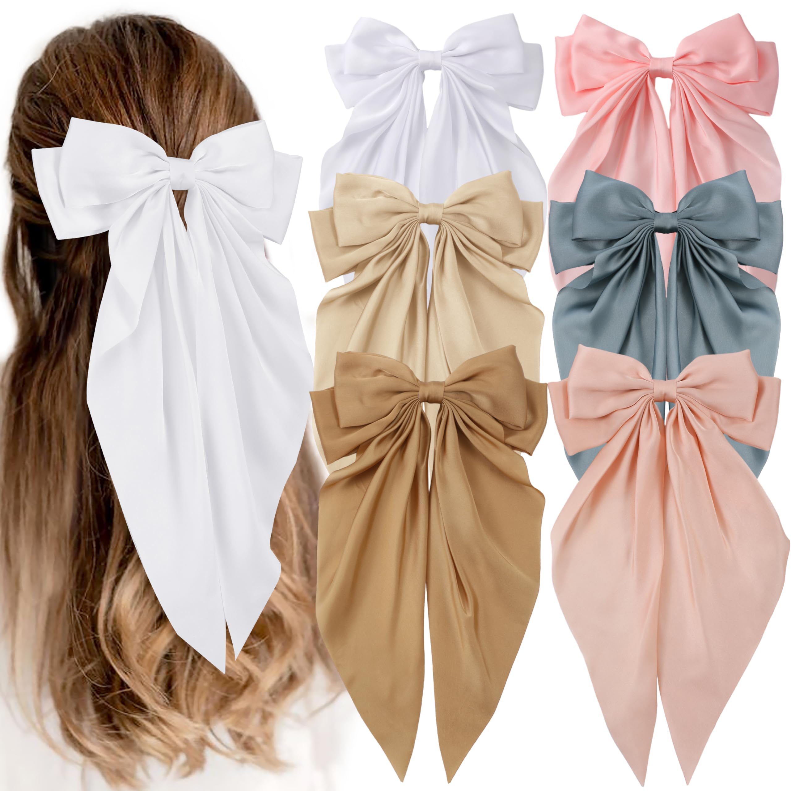 Photo 1 of 6 PCS Hair Bows for Women, Big Bow Hair Clips for Girls, Silky Satin Hair Bows Clips Oversized Long Tail, Large Hair Barrettes Cute Hair Accessories, Metal Bow Hair Clips khaki color