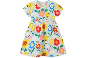 Bumeex Toddler Girl's Cotton Dress Toddler Girls Summer Dress Casual Print Short Sleeve Dresses Girls Sundress 1-7 Years
