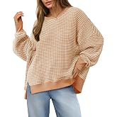 Fisoew Women's Fall Oversized Sweatshirt Casual Waffle Knit Long Sleeve Crewneck Split Pullover Tunic Tops
