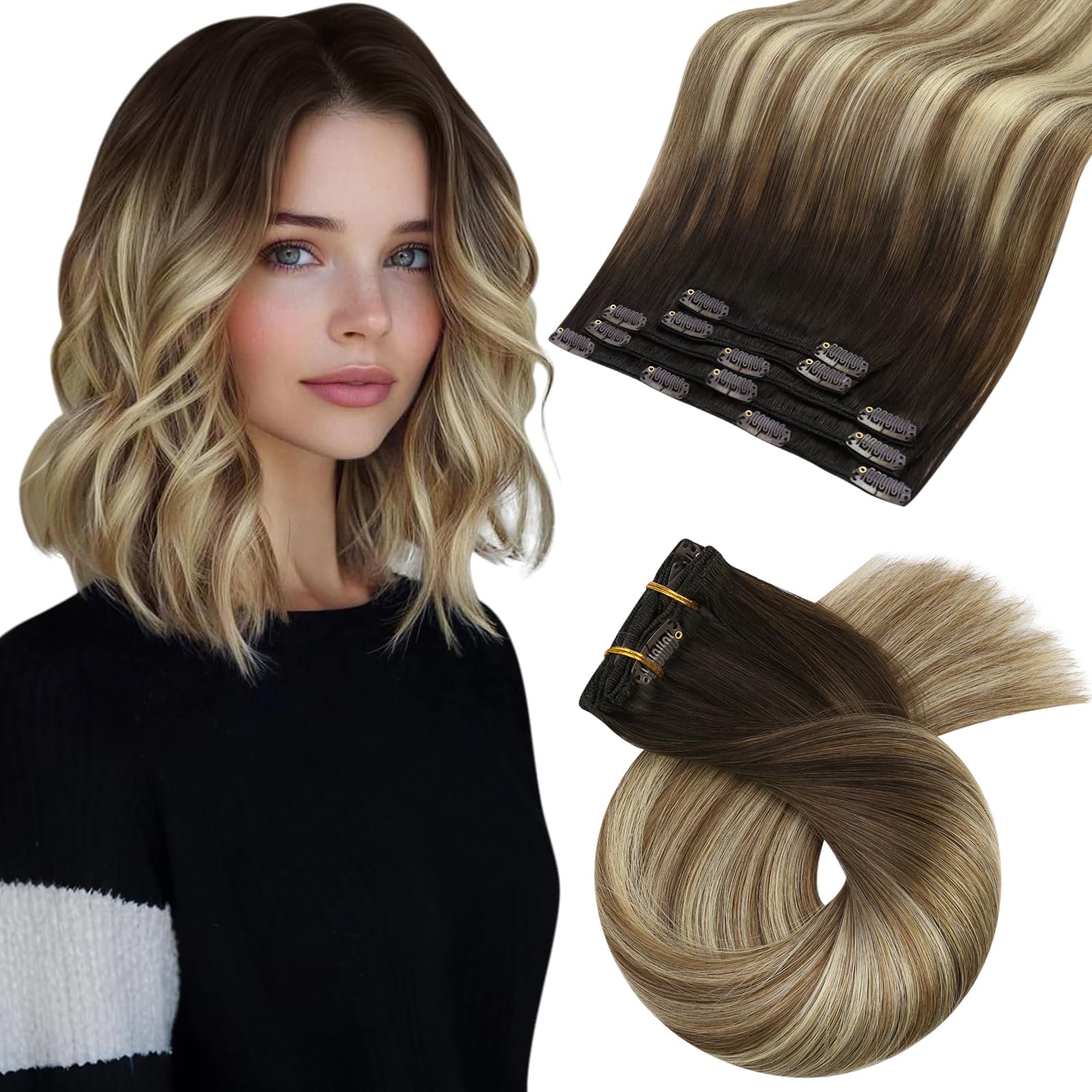 Moresoo Clip in Hair Extensions Real Human Hair Balayage Clip in Human Hair Extensions Dark Brown to Chestnut Brown with Platinum Blonde Clip in Extensions 12 Inch 5 Pieces/80g #4/6/613 — image 1