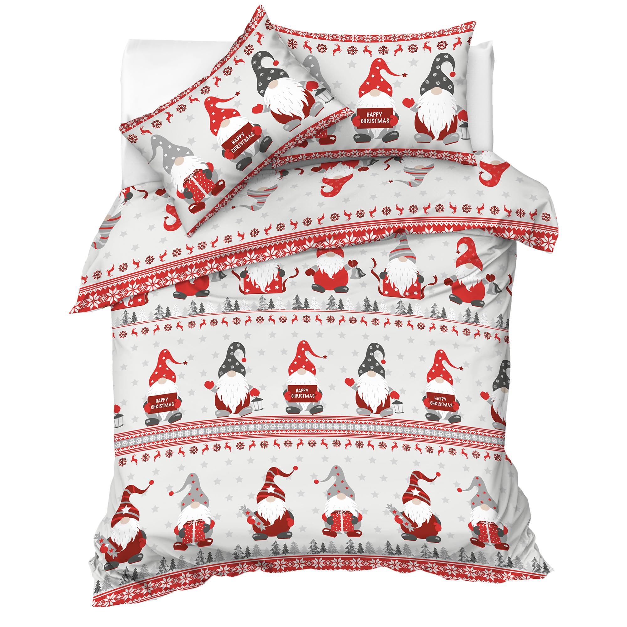 Velosso Gonks Christmas Winter Xmas Grey Red Festive Cotton Rich Bedding Set Duvet Cover an Pillowcase Set (King)