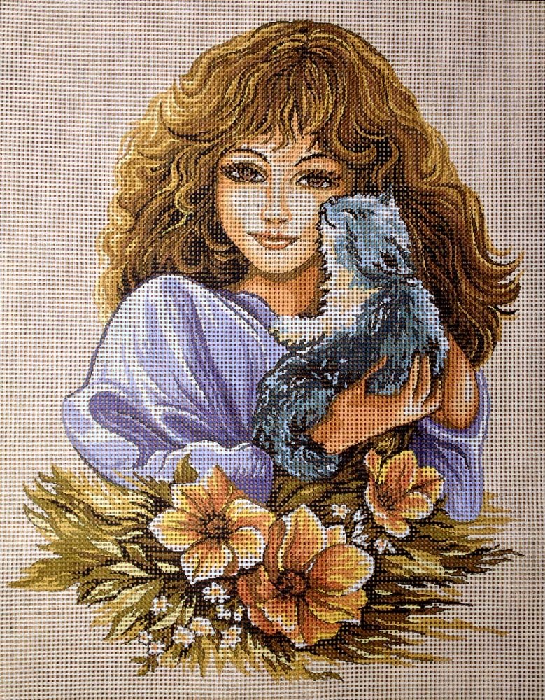 Hudemas Needlepoint Kit Girl with cat 9"x11.8" 23x30cm