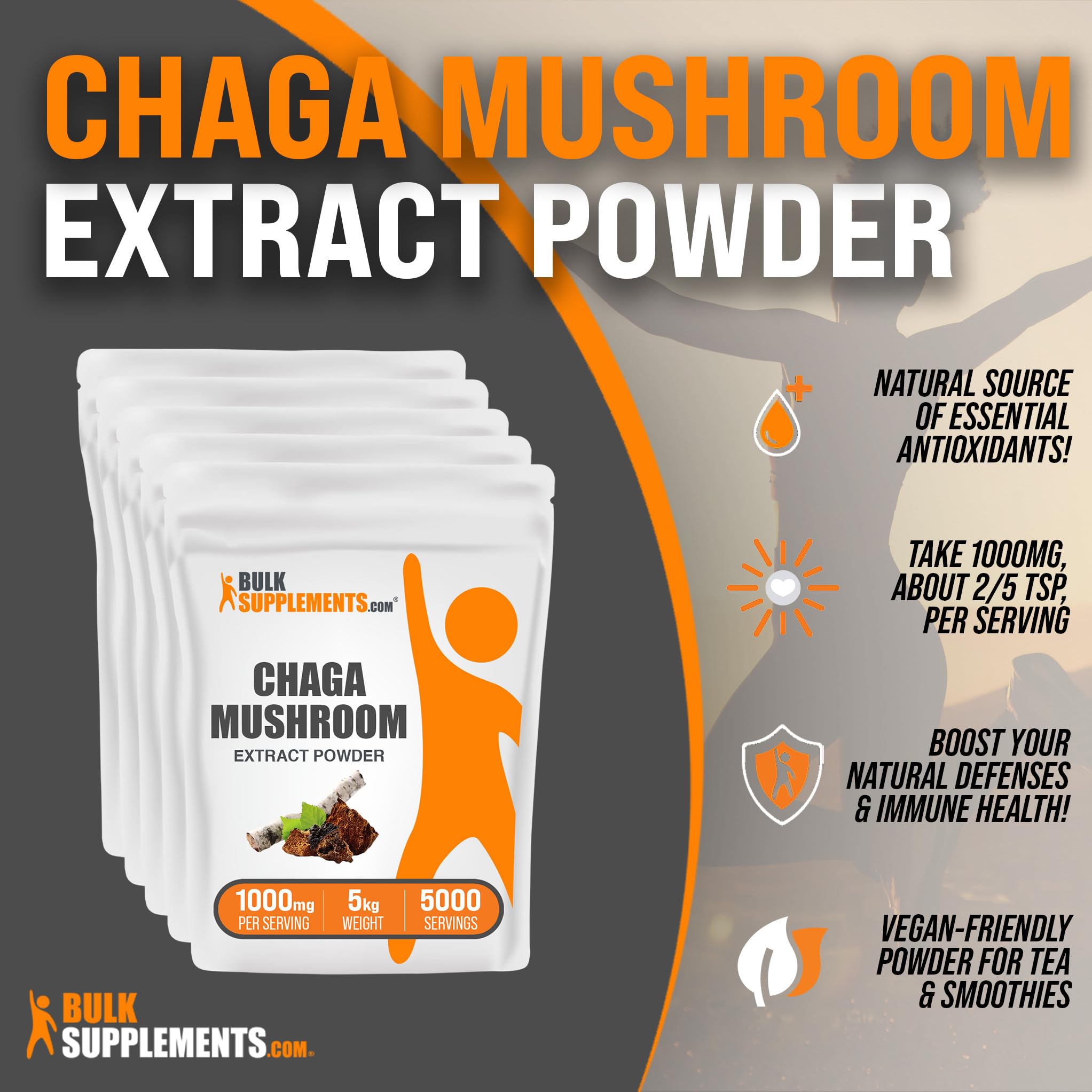 BulkSupplements.com Chaga Mushroom Extract Powder - Mushroom Supplement, from Chaga Mushrooms - 1000mg of Chaga Powder Extract per Serving, Gluten Free (5 Kilograms - 11 lbs)