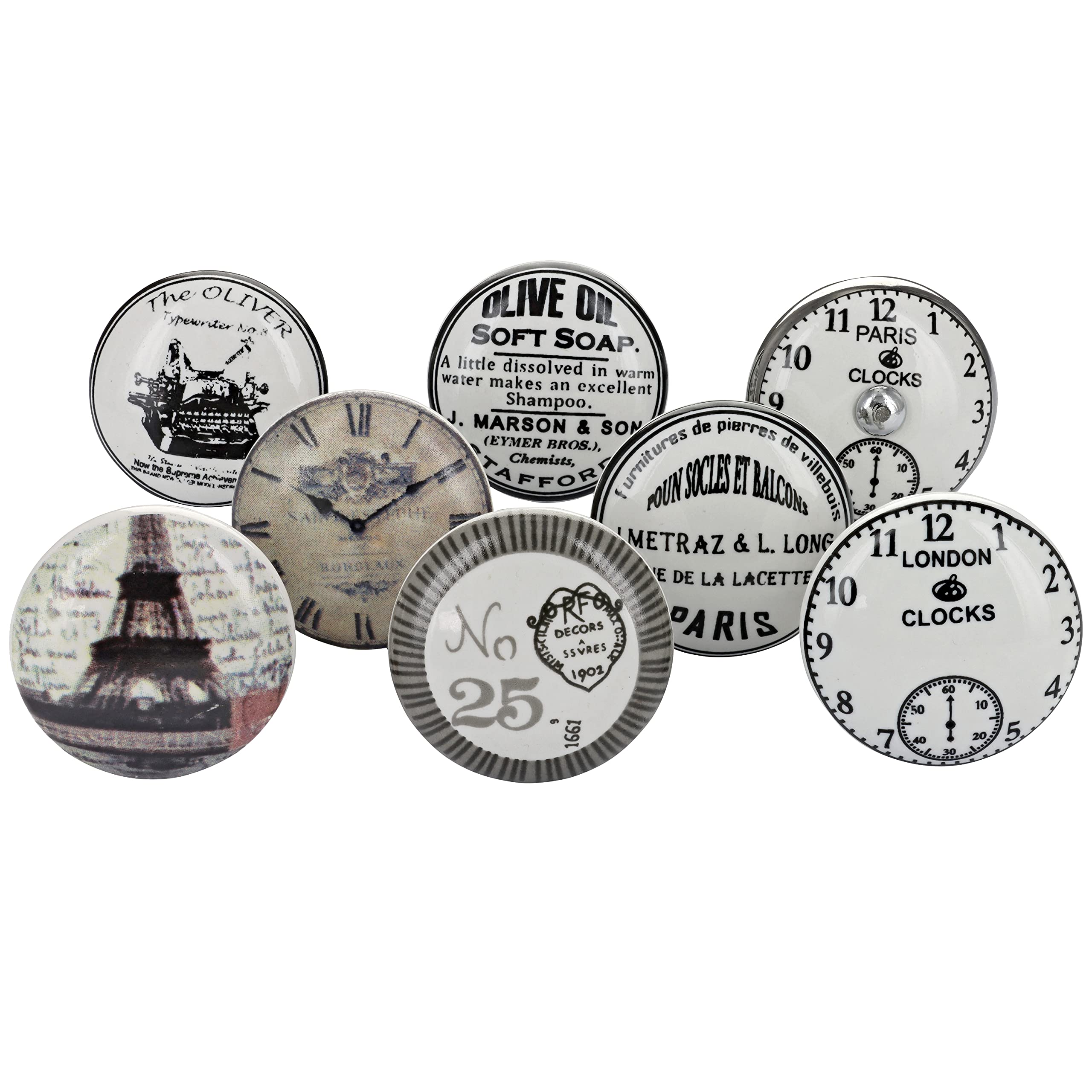 G Decor Black and White Assorted Clock Designs Ceramic Door Knobs, Vintage, Shabby Chic, Interior Furniture, Cabinet Cupboard Drawers Pulls Handles (8-Pack)