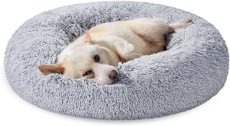 Feandrea Donut Dog Bed 80 cm Grey Fluffy Long Plush Washable Cover