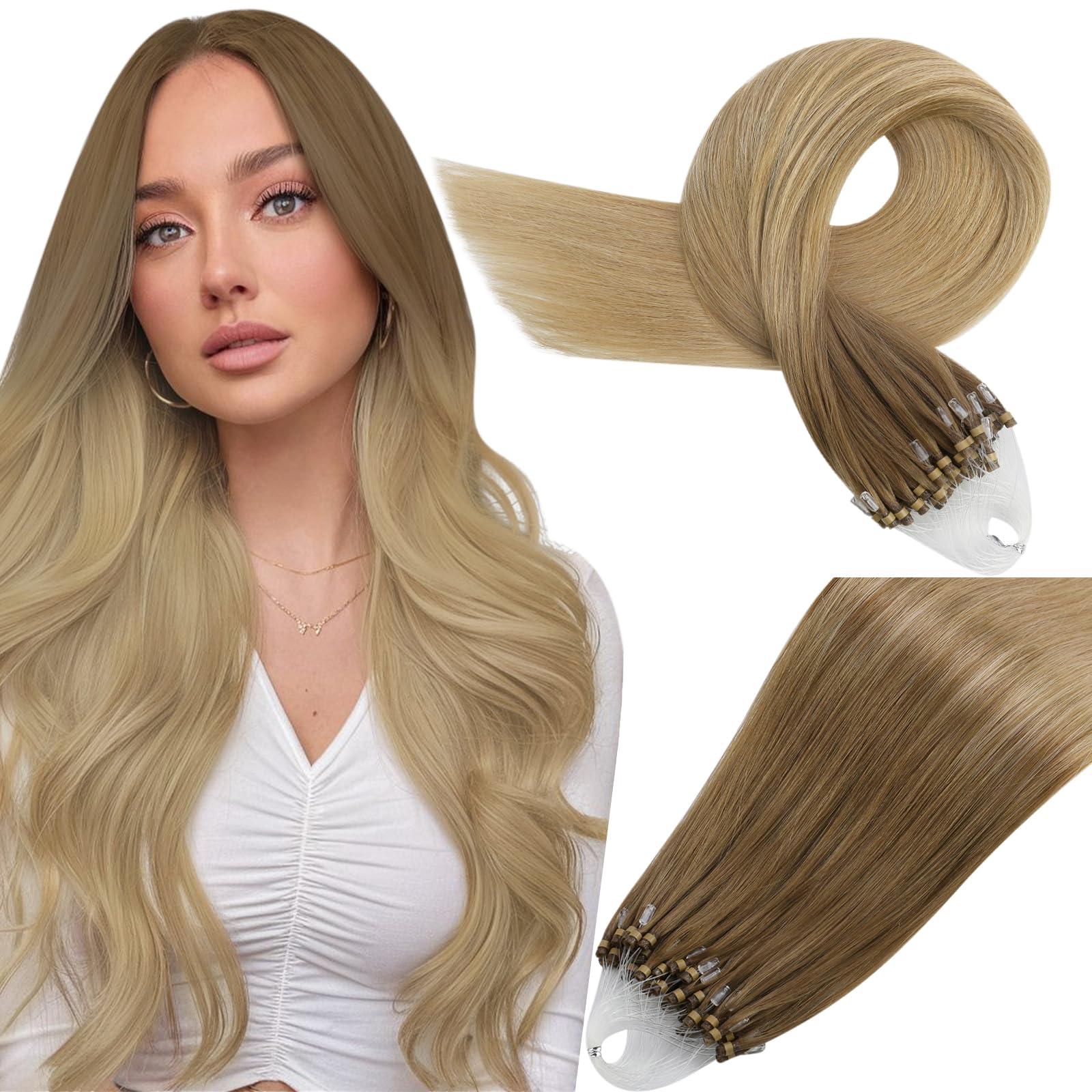 Easyouth Ombre Micro Beads Hair Extensions Real Hair Balayage Micro Hair Extensions Human Hair Golden Brown to Golden Blonde Micro Link Human Hair Extensions 16 Inch 50g/50s