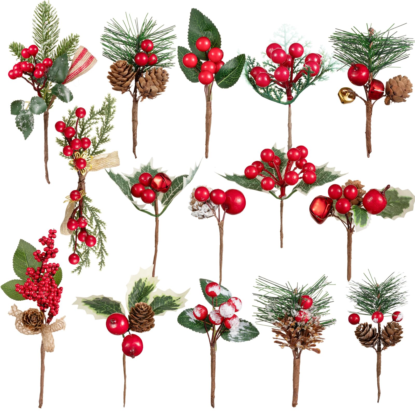 Photo 1 of Crafare 15 Pack Small Artificial Christmas Picks 5"-10" Assorted Red Berry Picks Stems Faux Pine Picks Spray with Pinecones for Christmas Floral Arrangement Winter Holiday Season Decoration