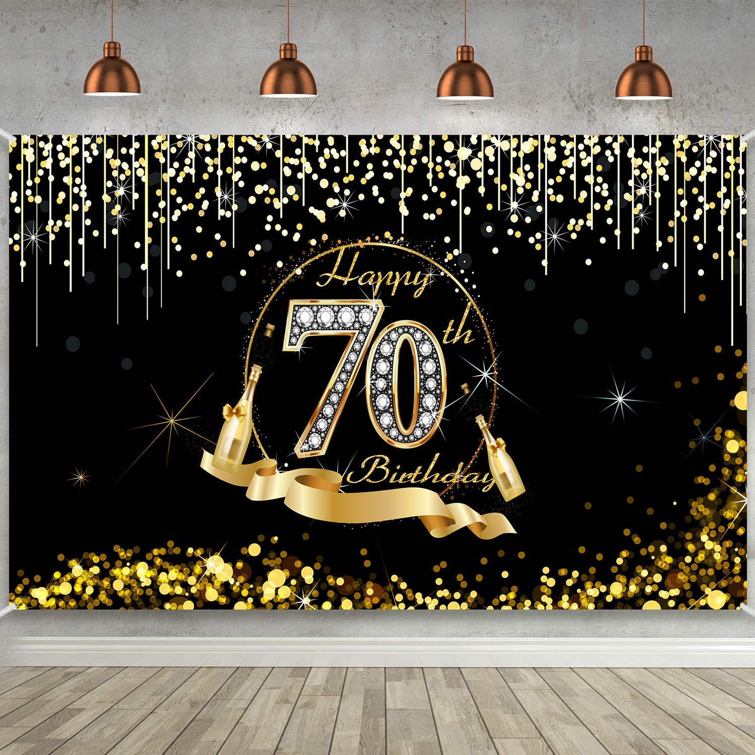 Blulu Extra Large Black Gold 70th Birthday Party Sign Poster, Banner & Photo Booth Backdrop, 72.8 x 43.3 Inch