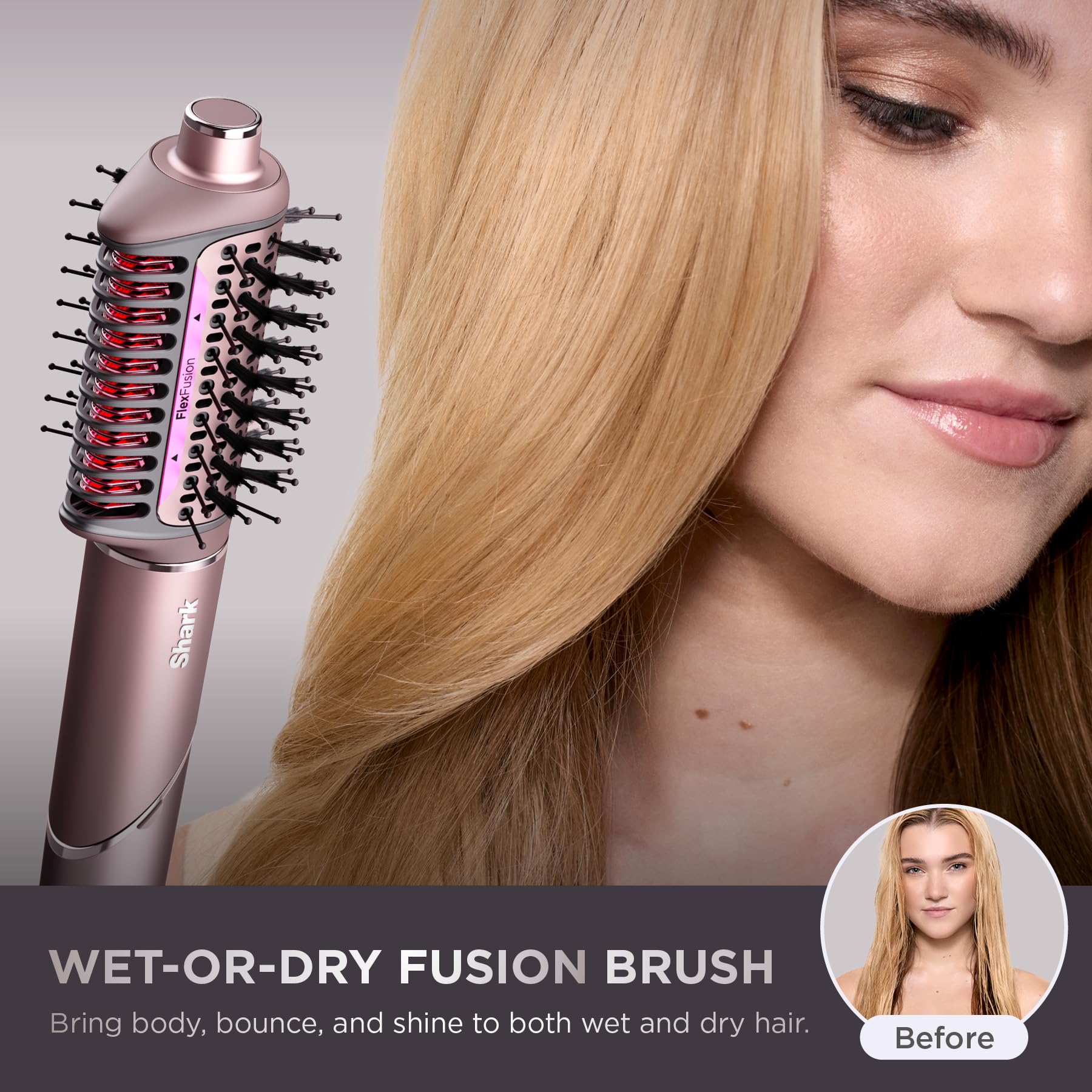 Shark FlexFusion Hair Straightener & Powerful Hair Dryer with Fusion Hair Brush, Ceramic Air Styler with Auto-Wrap Curlers & Concentrator, Ceramic Plates, Cosmic Blush HD641S