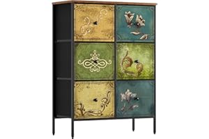 DOVAMY 6 Drawer Dresser for Bedroom, Fabric Dresser Organizer, Tall Dresser with Vintage Wooden Top, Steel Frame, Chest of Drawers, Closet, Nursery and Living Room, Rustic Pattern