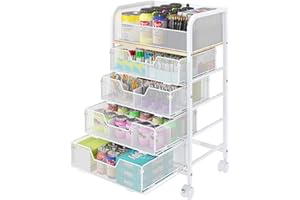 YOCIYOGA 5-Tier Craft Organizer Cart with Wheels,Craft Organizers and Storage with Drawers,Lockable Wheels Rolling Utility Cart with DIY Divider,Office Supply Organizer,Ideal for Studio,Office,Bedroom,White