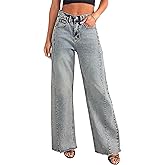 KICZOY Women's Wide Leg Jeans Baggy High Waist Boyfriends Strechy Raw Hem Denim Pants