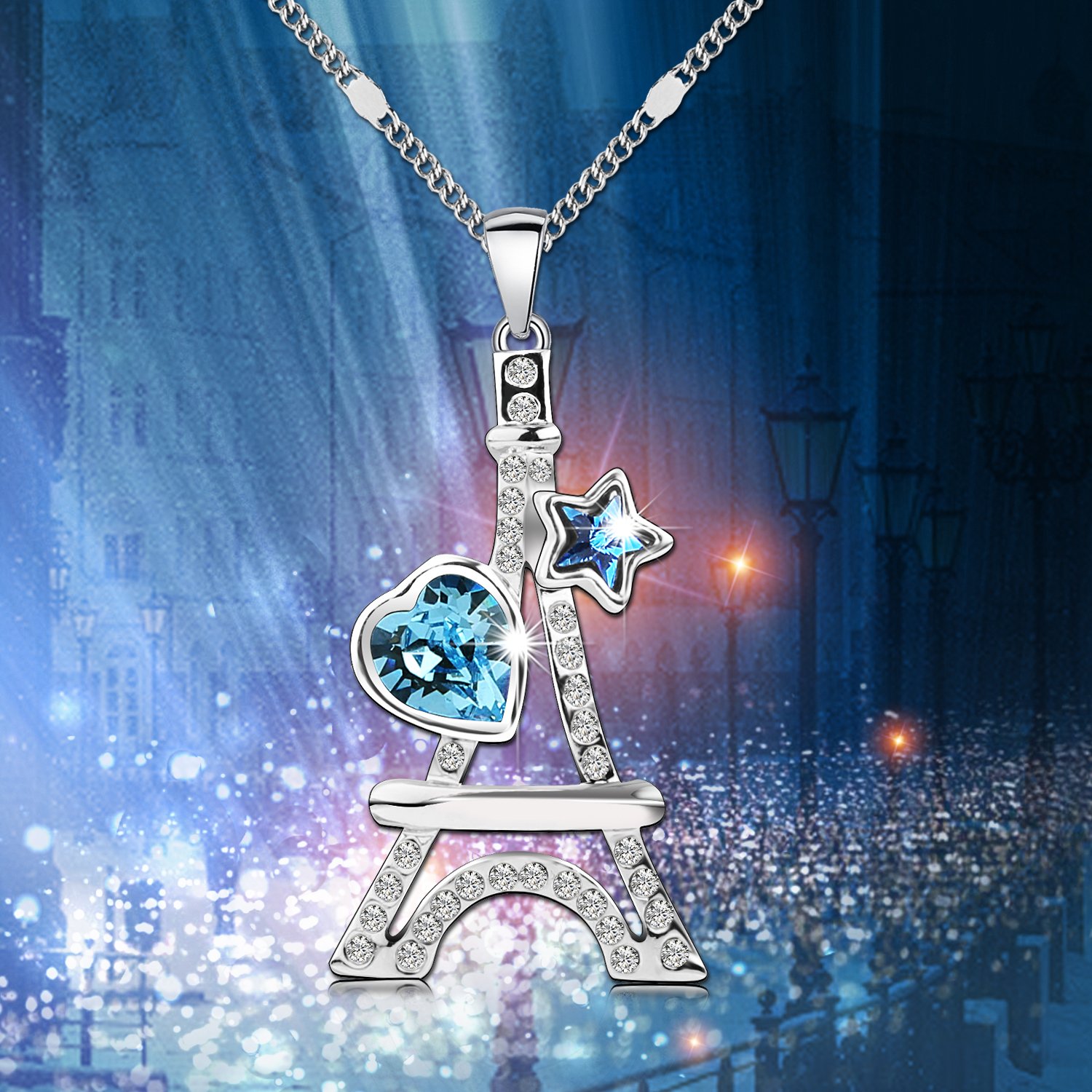 Pealrich “ Eiffel Tower” Style Fashion Jewelry Pendant Love Necklace with Swarovski Crystal,Best Gifts for Women and Girls (Blue)