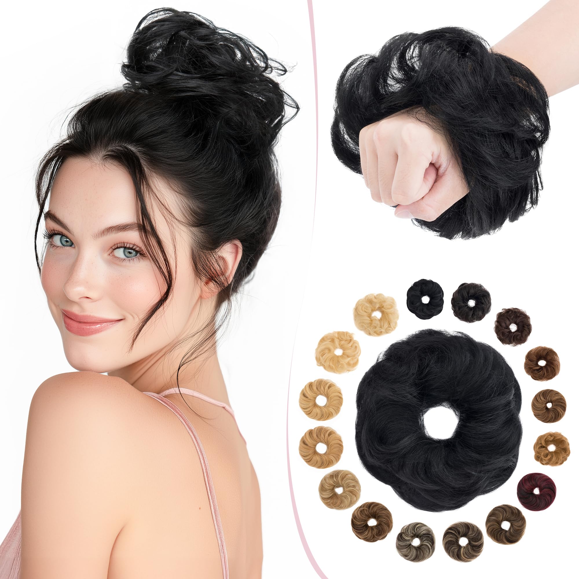 SEGO Human Hair Scrunchies for Women Curly Messy Buns Updo Hair Pieces [#1 Jet Black] 100% Real Remy One Piece Hair Extension Chignon Robbon Ponytail Wavy (23g) — image 1