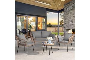 YITAHOME 4 Pieces Patio Furniture Set, Wicker Balcony Bistro Set, Outdoor All-Weather Rattan Conversation Set with Loveseat Chairs Table Soft Cushions for Backyard, Pool, Deck, Garden - Grey