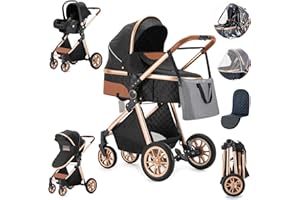 Zkiprm 3 in 1 Stroller, Infant Stroller with Automobile Seat, Portable Baby Stroller, One-Click Folding, Combination Stroller Landscape High Aluminum Frame