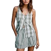 TERIVEEK Women Summer Gingham Two Pieces Set Plaid Button Front Sleeveless Tank Top Matching Shorts Set Vacation Outfits