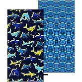 Microfiber Beach Towel, Bright Yellow Blue Shark Beach Towel for Travel | Large Quick Dry Sand Free, Lightweight Compact for Kids Trip Vacation Camping 1 Pack