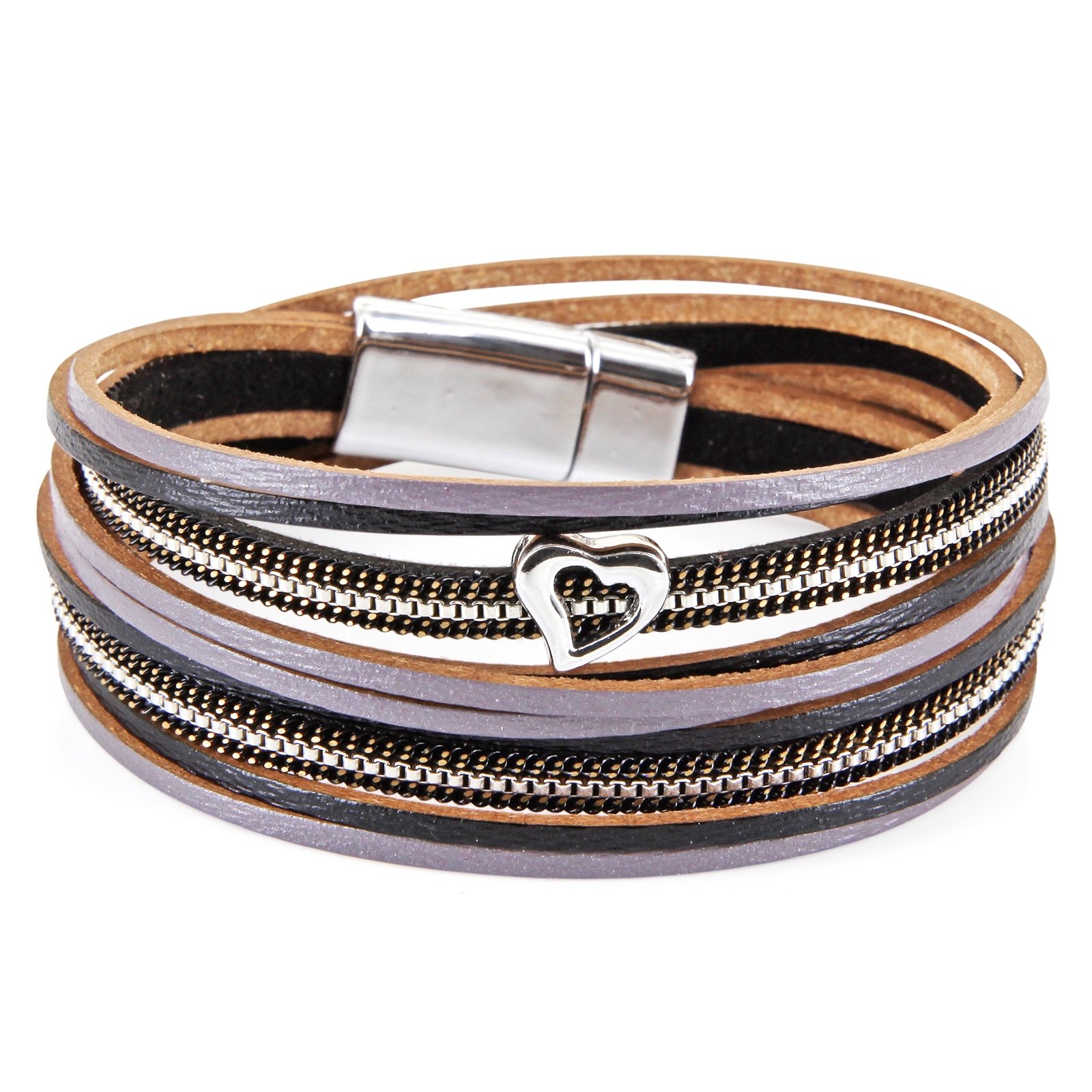 StarAppeal Women's Wrap Bracelet in Leather with Heart, Chain and Magnetic Clasp Silver, Leather, Without Stone