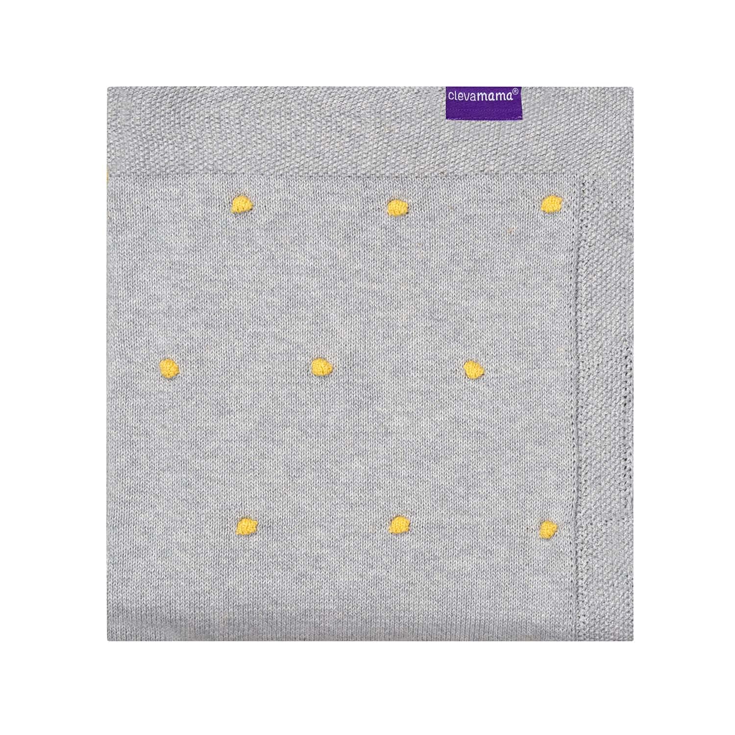 Clevamama Knitted Pom Pom Baby Blanket, Soft Organic Cotton Newborn Blankets - 80x100cm, Grey, 3493