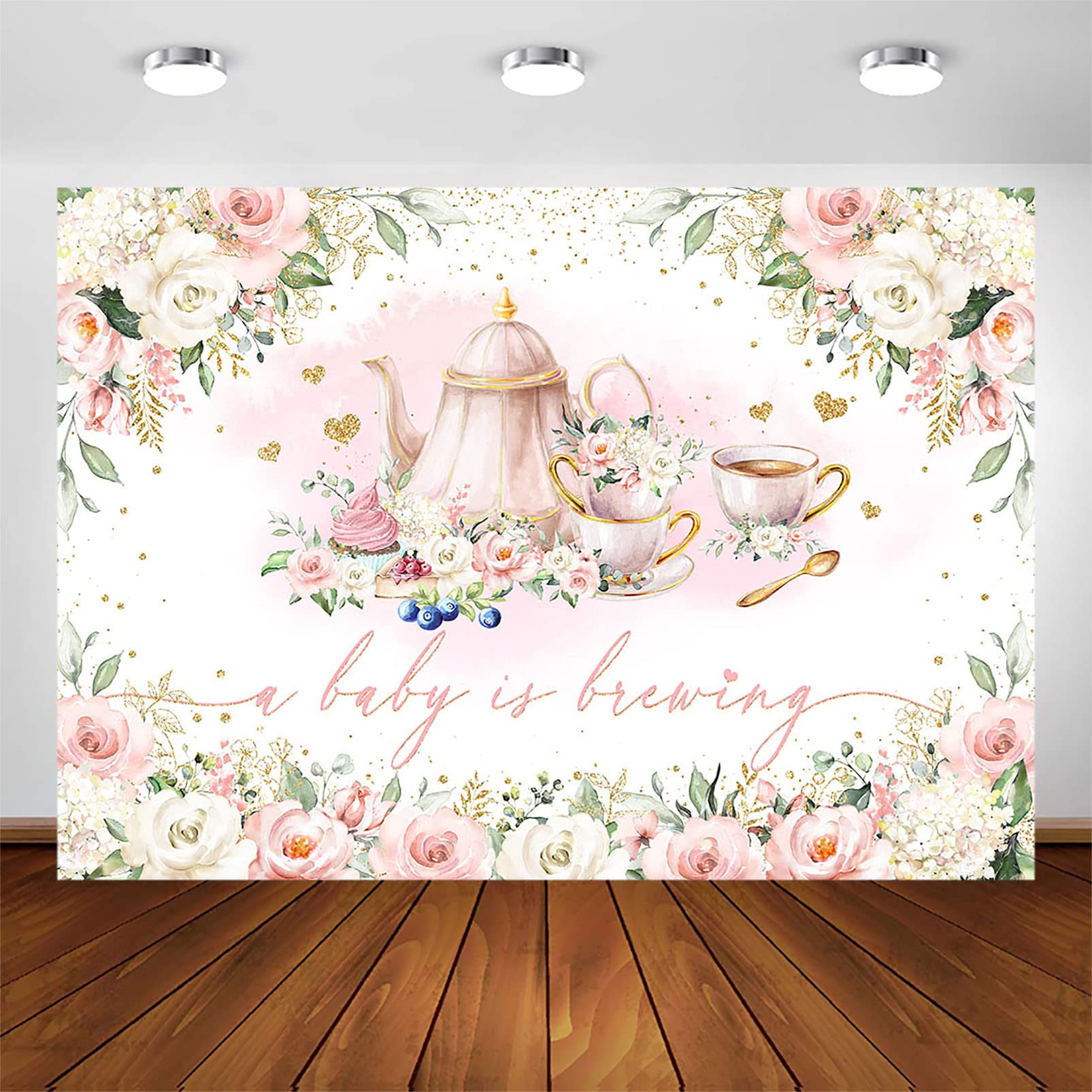 Photo 1 of Avezano A Baby is Brewing Baby Shower Backdrop Tea Party Theme Girls Baby Shower Party Decorations Pink Floral Let's PAR Tea Photoshoot Background Banner (7x5ft)