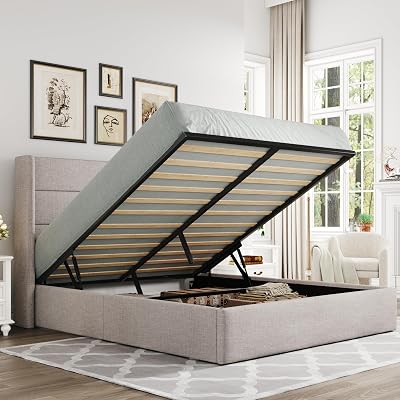 Allewie Queen Size Lift Up Storage Bed, Modern Wingback Headboard, Hydraulic Support, No Box Spring Needed, Light Beige