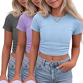 Mumucove 3 Pack Girls Ribbed Short Sleeve Crop Tops | Teen Crew Neck T Shirts, Kids Fitted Tees, Side Ruched, Summer, Casual, Everyday Wear, Weekends, Shopping, Street, Travel