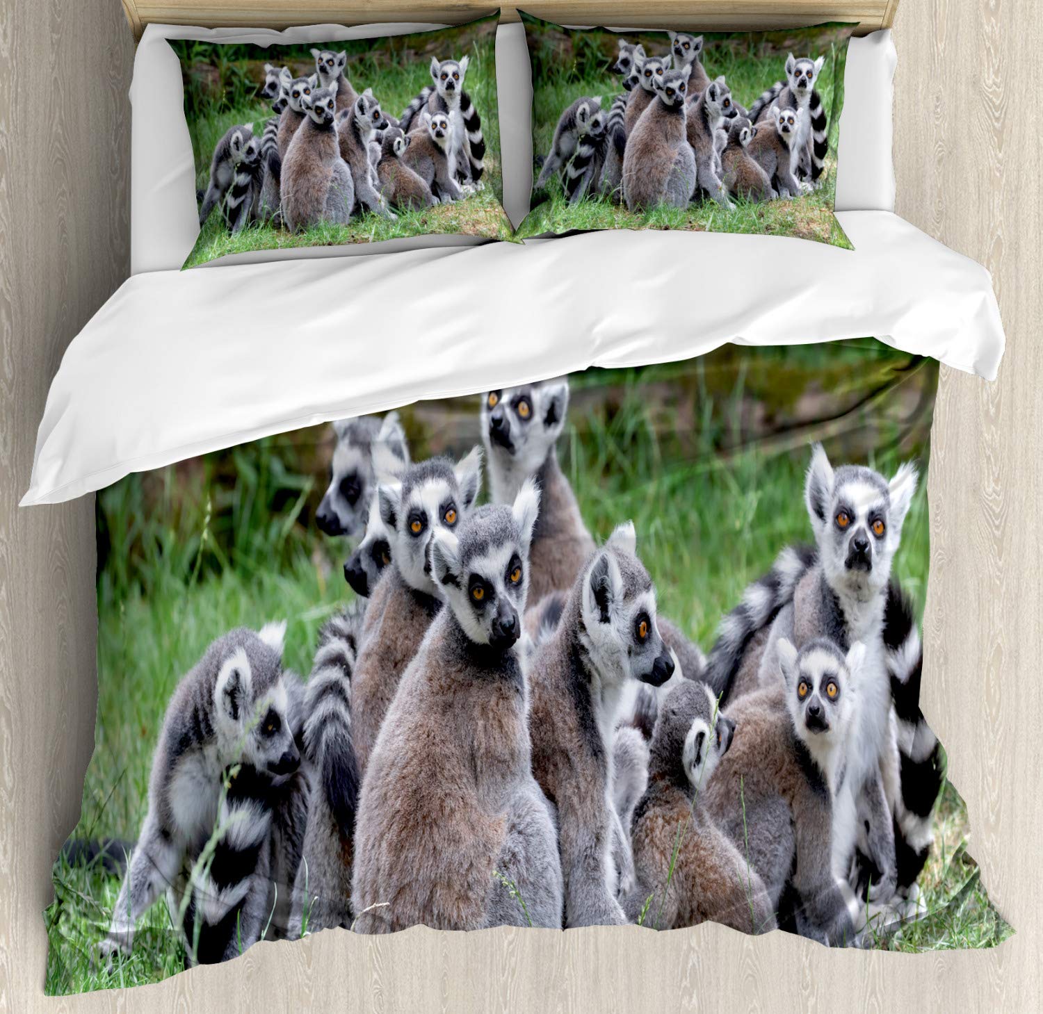 ABAKUHAUS Lemur Duvet Cover Set, Ring Tailed Madagascar Monkey, Bedding Set 3 Pieces with 2 Pillow Shams, 200 x 200 cm - 70 x 50 cm, Pale Mauve Taupe Emerald