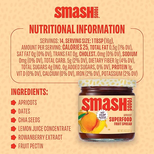 SMASH FOODS FRUIT JAM | SUBTLY SWEET KETO JAM MADE WITH UPCYCLED BERRIES AND OTHER SIMPLE INGREDIENTS | LOW-CALORIE, PALEO, SUPERFOOD FRUIT JAM NO SUGAR ADDED (APRICOT, 1 JAR)