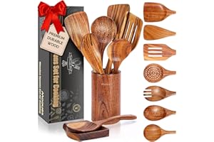Wooden Spoons for Cooking, Wooden Utensils Set with Spoon Rest for Cooking, Natural Teak Wood Utensils Set NonStick Comfort G