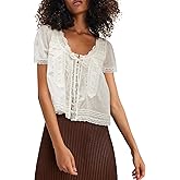 Amiblvowa Women's Lace Button Up Short Sleeve Semi Sheer Ruffle Blouse