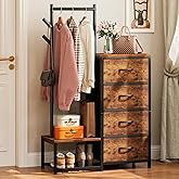 KKL Small Dresser for Bedroom with Clothes Hanging Rack, Reversible Bedroom Dresser with Shoe Rack & 4 Fabric Drawers, 3-in-1 Storage Chest of Drawers with Storage Shelves & Tree Hooks, Vintage