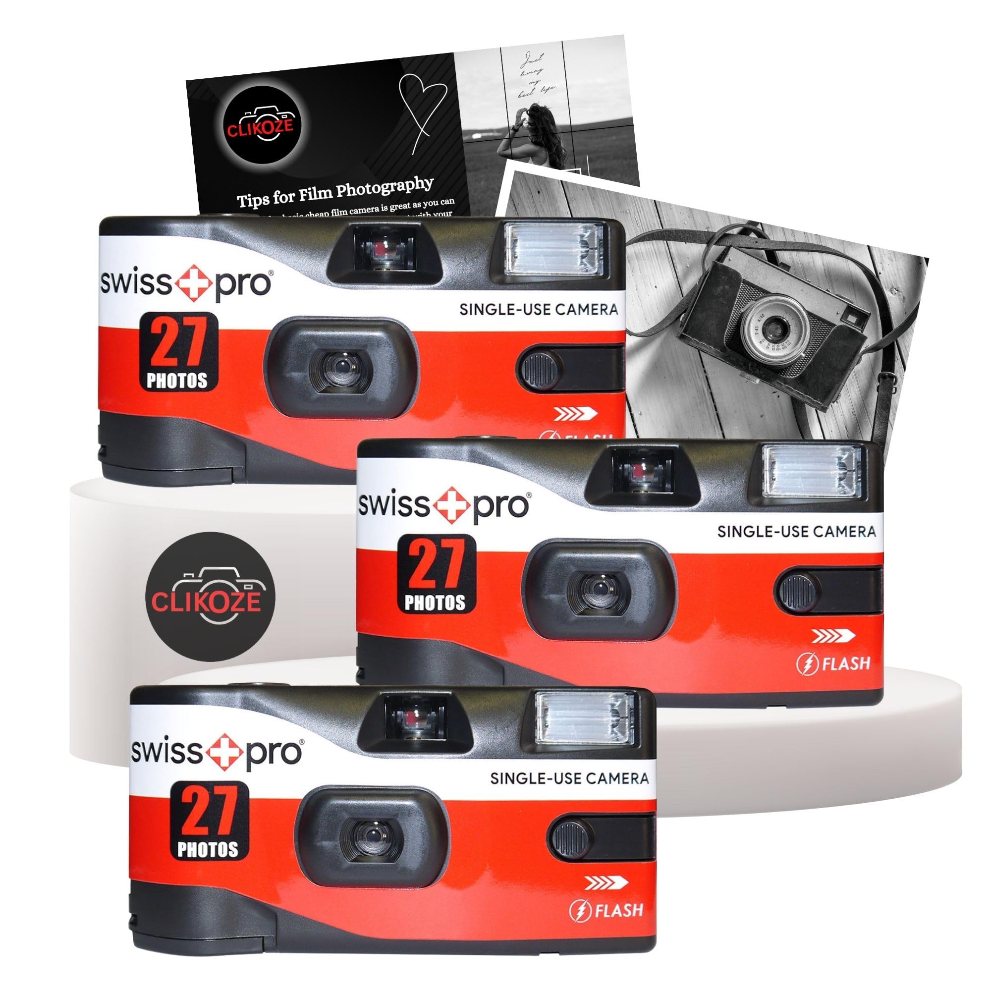 Disposable Camera Bundle with Swiss+Pro Disposable Camera Single-Use Film Cameras with 27 Exposures and Clikoze Disposable Photography Tips Card (3 Pack)