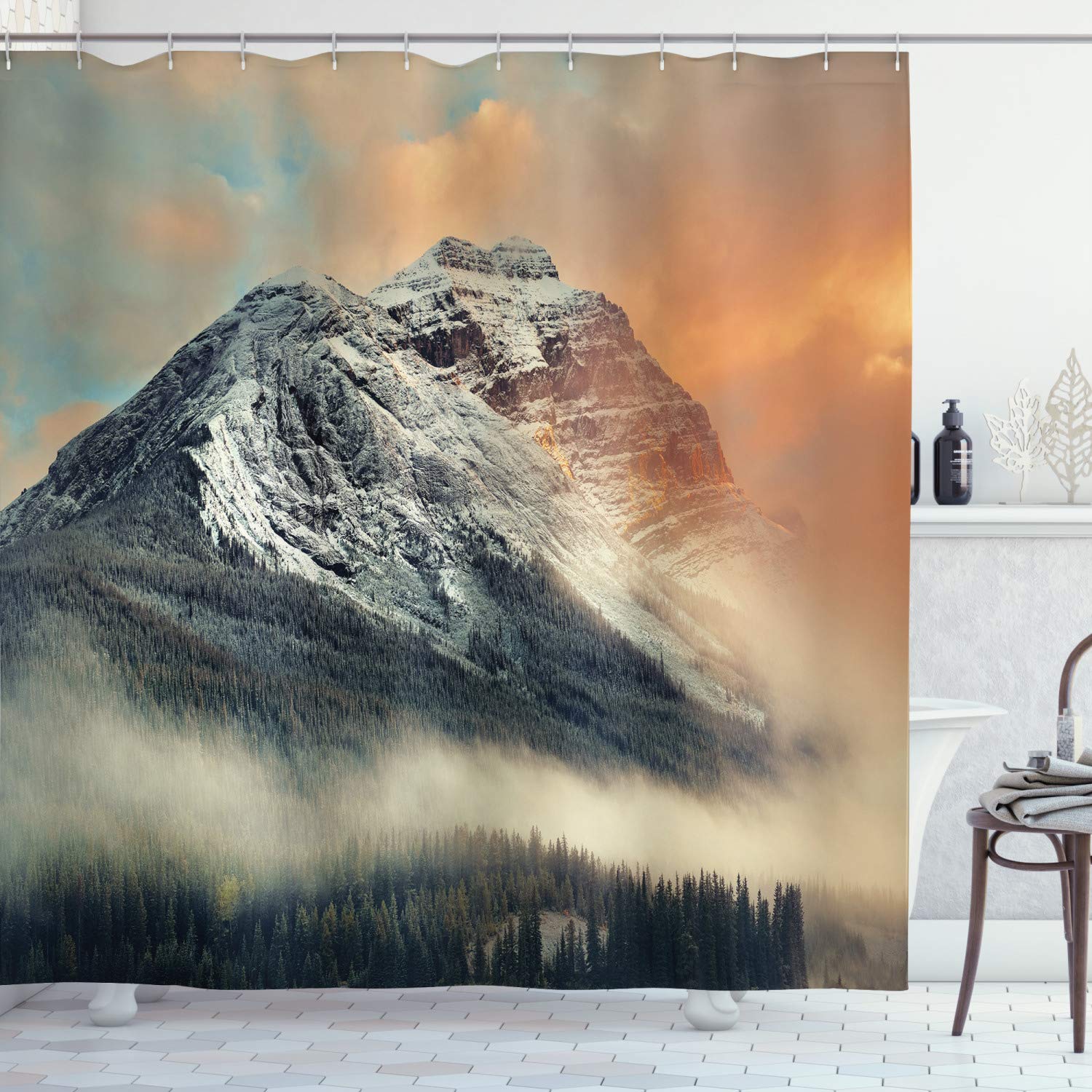 ABAKUHAUS National Parks Shower Curtain, Snowy Mountains at Sunset Hazy Weather Yoho Alberta Image Print, Cloth Fabric Bathroom Decor Set with Hooks, 78 Inches, Grey Orange