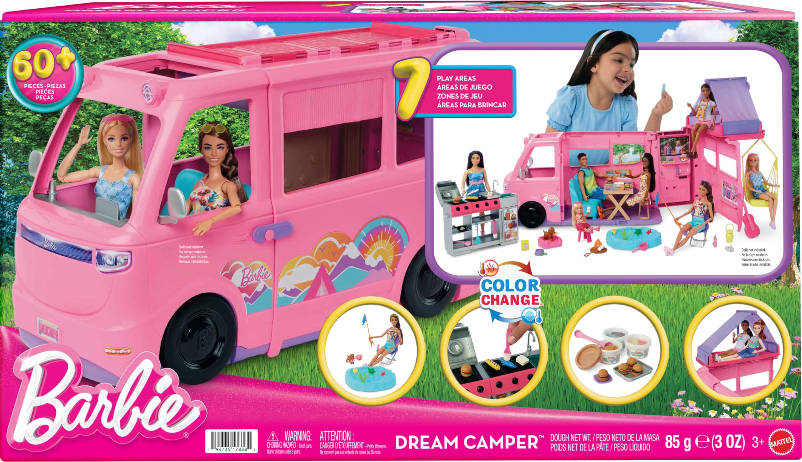 Barbie Dream Camper New for 2025 Playset with Roof Tent, Swing Chair, Fishing Pond, BBQ Grill with Color-Change Feature & 60+ Accessories Including Dough