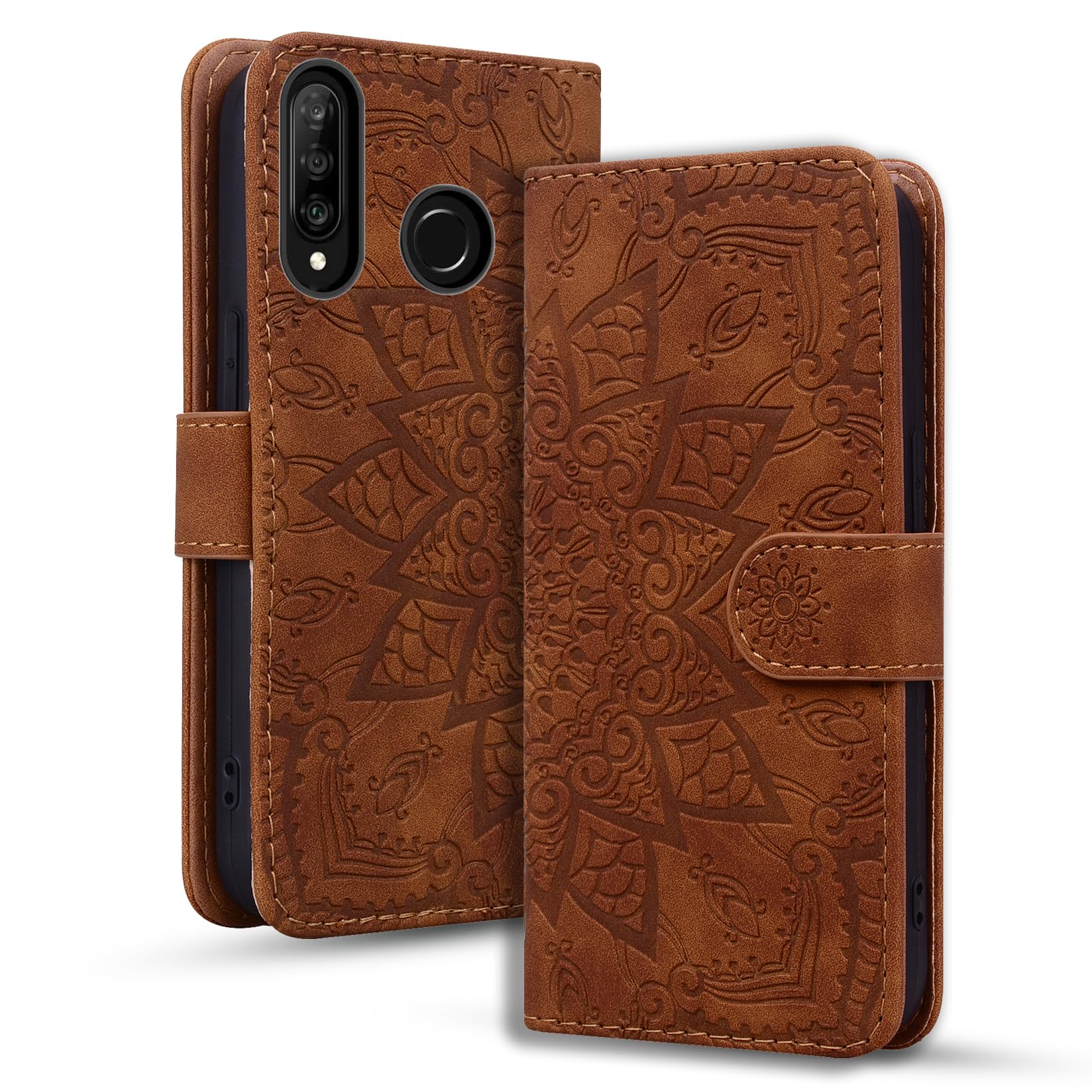 Rosbtib Mobile Case for Huawei P30 Lite/Nova 4E Premium PU Leather Case with Magnetic Closure Stand Function Flip Cover Mandala Embossing Huawei P30 Lite/Nova 4E - Brown
