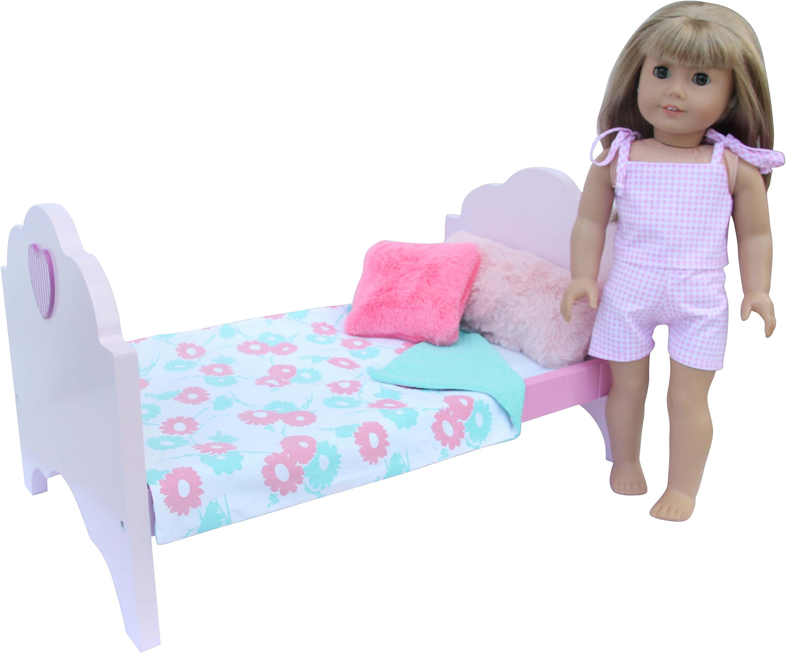 PZAS Toys Doll Bed - Doll Bed for 18 Inch Doll, Complete Set with Linens, Pillows, and 18" Doll Pajamas