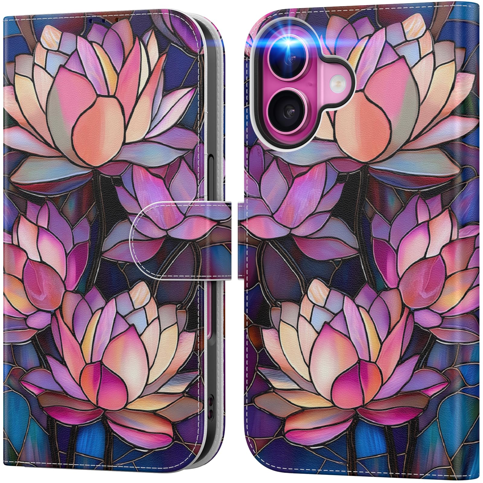 Photo 1 of DEENAKIN for iPhone 16 Wallet Case with Card Holder + Cash Clip, RFID-Blocking, Military-Grade Drop Protection & UV-Printed Artwork, Magnetic Closure with Leather Kickstand - Blooming Lotus