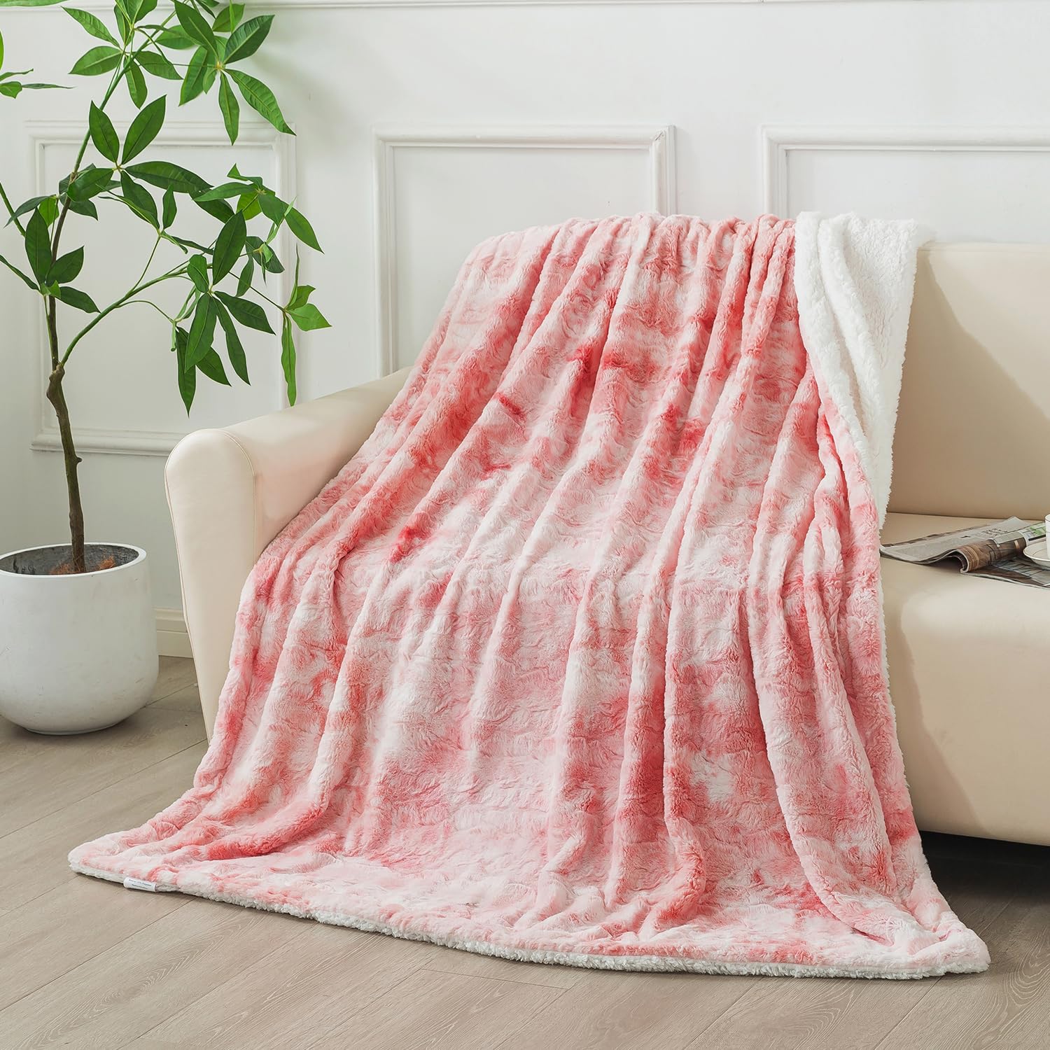 Wajade Fluffy Fuzzy Throw Blanket Super Soft Warm Large Blanket for Bed Couch Car Sherpa Faux Fur Blanket,Marbled Pink 130x160CM
