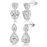 2 Pairs Stud Earrings Set Heart Teardrop 18K White Gold Plated Fashionable Cubic Zirconia Stud for Women and Men Heart Teardrop CZ