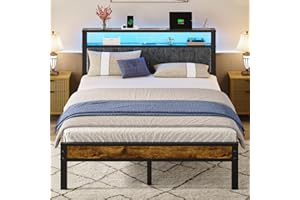 Liians Queen Size Bed Frame with 2-Tier Storage Shelves Headboard, Platform Bed with Charging Station, LED Lights No Box Spring Needed Noise Free