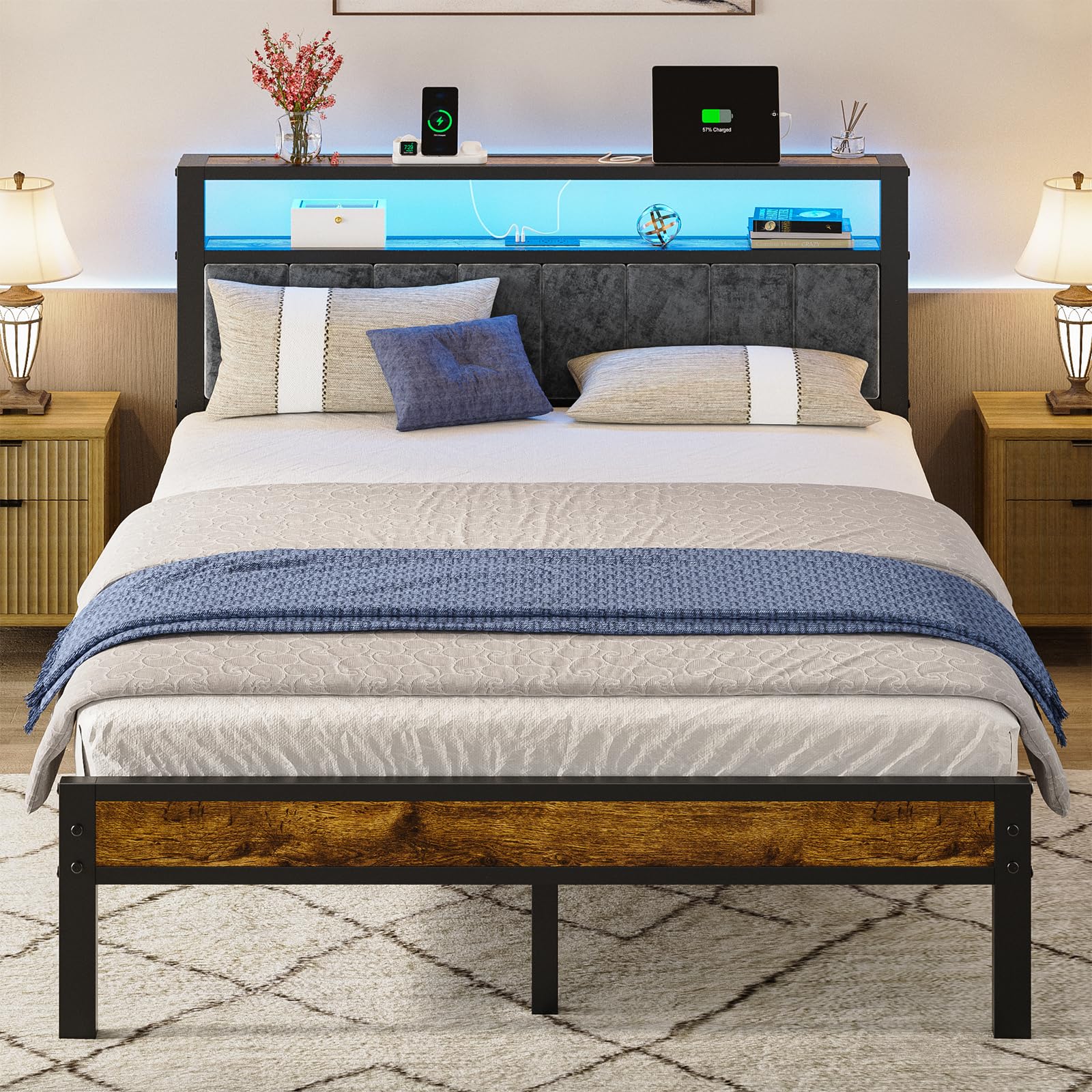 Photo 1 of Liians Queen Size Bed Frame with 2-Tier Storage Shelves Headboard, Platform Bed with Charging Station, LED Lights No Box Spring Needed Noise Free