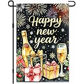 IVN New Year Garden Flag 12x18 Inch Double Sided Happy New Year Text with Champagne Bottles, Wine Glasses and Gift Boxes Outdoor Yard Flag for Outside Home Front Door Lawn Porch Patio Welcome Decor