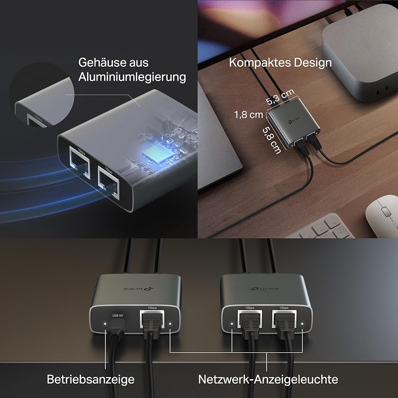 EH210 LAN Splitter 1 auf 2 (Gigabit Ethernet Splitter) | inkl. USB-Stromkabel & Cat 5e Netzwerkkabel | Aluminiumgehäuse, Plug & Play, LAN Switch 2 Port