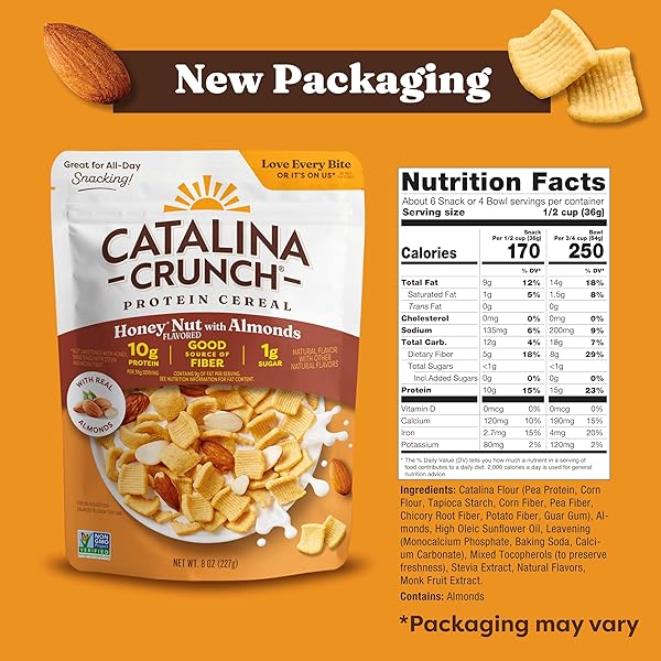 CATALINA CRUNCH PROTEIN CEREAL – BREAKFAST CEREAL WITH 10G OF PROTEIN, NO ADDED SUGAR – GLUTEN FREE – HONEY NUT WITH ALMONDS – 8 OZ. BAG (PACK OF 1), PACKAGING MAY VARY
