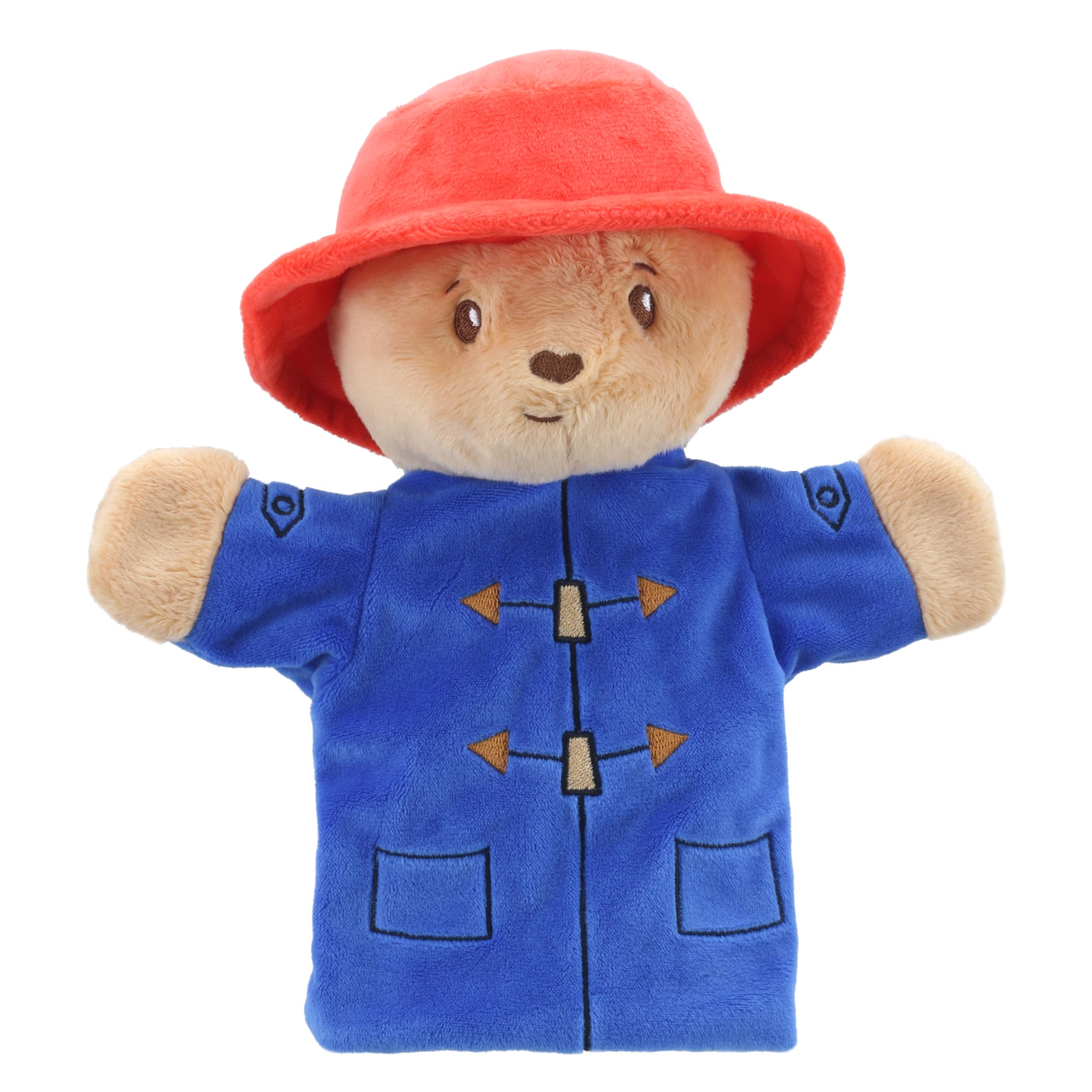 The Puppet Company - Baby Paddington Bear Hand Puppet - Cute and cuddly teddy bear - Paddington 2 - Paddington in Peru - Blue duffle coat and red Paddington hat - Suitable from Birth