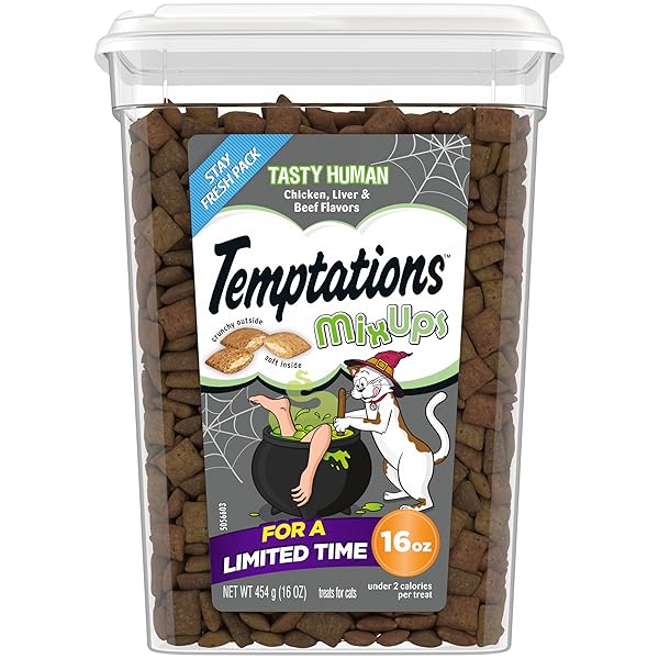 TEMPTATIONS MIXUPS CRUNCHY AND SOFT CAT TREATS TASTY HUMAN CHICKEN, LIVER, BEEF FLAVORS, 16 OZ. TUB
